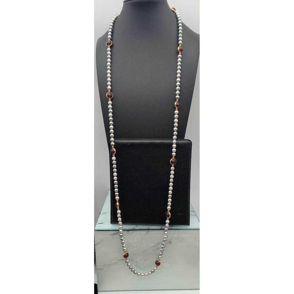 Vintage Silver Tone Faux Pearl Beaded Necklace With Purple Bezel Set Beads‎